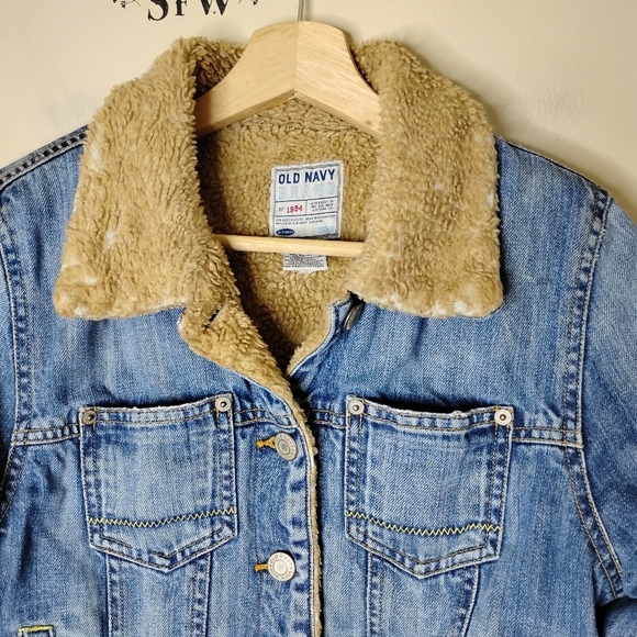 VTG Old Navy Sherpa-Lined Denim Trucker Jacket M Thrashed Grunge 90s - Picture 4 of 16